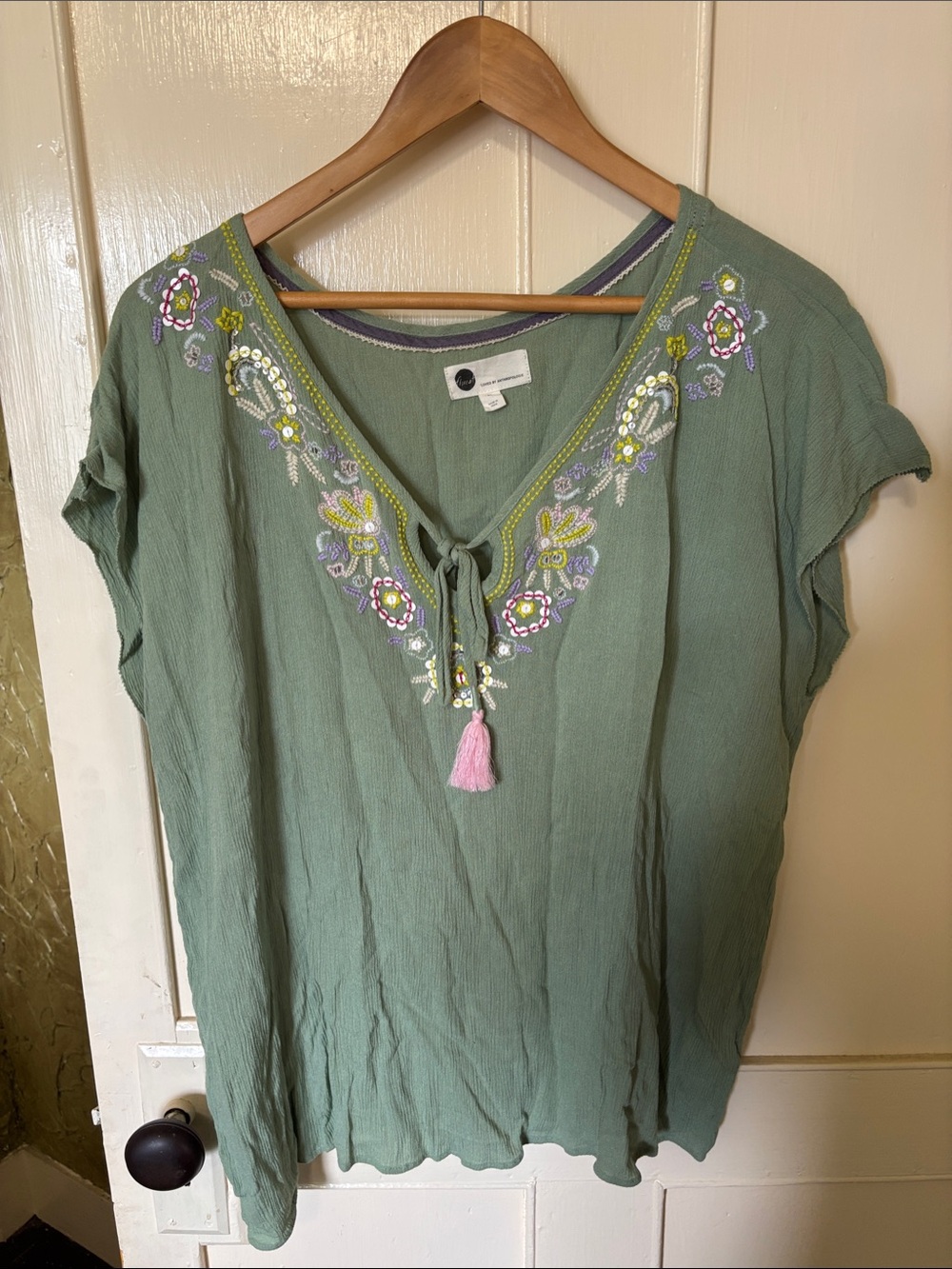 Anthropologie Sage Green Embroidered V-Neck Tunic with Tassel